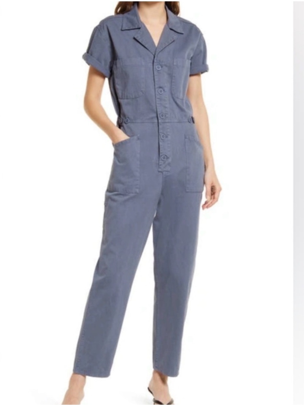 Pistola Grover Short Sleeve Jumpsuit in Dusty Blue Cotton Straight Leg Button